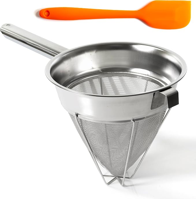 Bouillon Strainer - Stainless Steel Fine Mesh Metal Food Chinois, Cone Separator, Kitchen Colander Sieve for Sauce Jam Jelly Tea, 8" - With Spatula