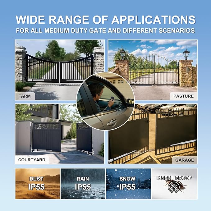 C05 Automatic Smart Gate Opener Kit with APP for Medium Duty Dual Swing Gates Up to 770lbs 16FT, 24V 60W AC Powered Motor Electric Driveway Gate Opener with 2 Long-Range Remotes Complete Kit