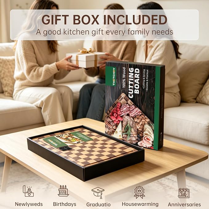 Cutting Boards for Kitchen, Checkered Wooden Chopping Board Structural Upgraded, Walnut Cutting Board with Juice Grooves & Handles, Butcher Block Serving Tray with Gift Box, 17"X 12"X 0.8"