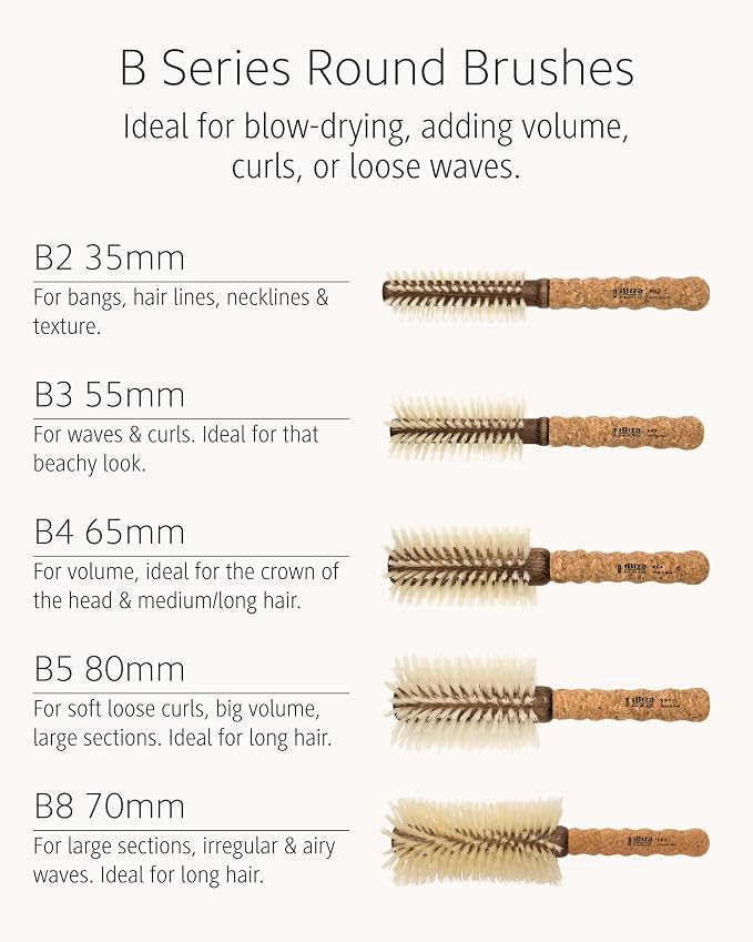 Ibiza Hair Boar Bristle Large Round Brush (B8-70mm) | Blonde Bristles + Cork Handle | Ideal for Fine or Curly Hair | Creates Shiny Irregular Curls