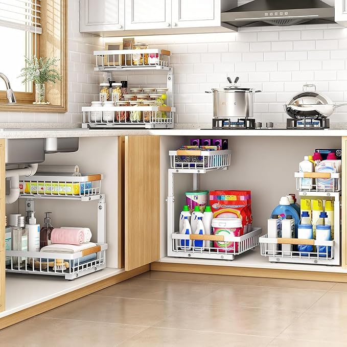 PXRACK Under Sink Organizer, Adjustable Height, 2 Tier Pull Out Under Cabinet Organizer, Slide Out Thickened Metal Under Sink Storage for Kitchen Bathroom Laundry Pantry Cabinet, White, Small-2-Pack