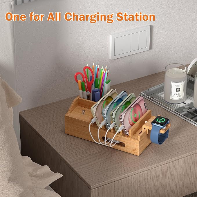 Bamboo Charging Station for Multiple Devices with 5 Port USB Charger, 5 Charger Cables and Smart Watch Stand. Wood Desktop Dock Stations Electronic Organizer for Cell Phone, Tablet, Watch, Office