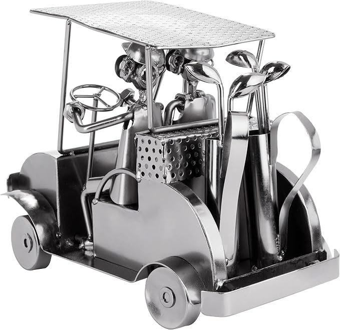 BRUBAKER Nuts and Bolts Sculpture Golf Cart - Handmade Metal Man Figure Golf - 9.4 Inches Art Figure with Bolts and Metal Pieces - Gift Idea for Golf Fans