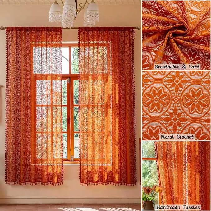 Sutuo Home Terracotta Boho Lace Curtains 72 inches Long,Burnt Orange Sheer Curtains 2 Panels for Bedroom Nursery Privacy Crochet Victorian Vintage Tassels Bohemian Window Treatments Rod Pocket,50" W