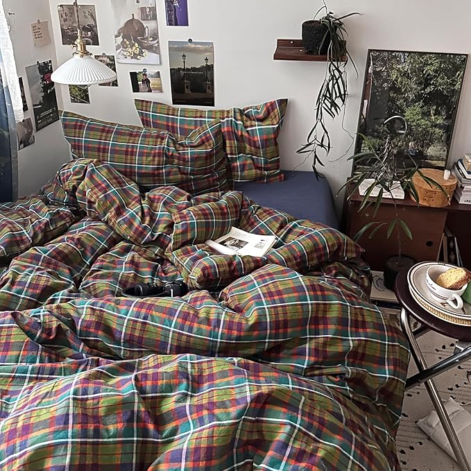 mixinni Buffalo Plaid Duvet Cover Queen Size - 100% Washed Cotton 3-Piece Bedding Set for All Seasons, Retro Grid Design, Soft Breathable Comforter Cover with Zipper Ties for Men, Women-Queen Size