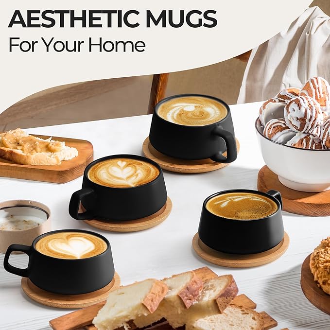 MIAMIO - Cappuccino Cup Set of 4, Ceramic (11oz), Wide - Luxe (Black) | Ceramic cappuccino cups and saucers, wide latte cups and mugs for Americano, 4-piece set of ceramic cups, dishwasher safe