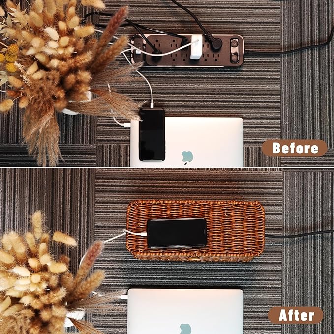 BROWNLILY Rattan Wire Storage Box, Handmade Cord Organizer for Desk Cord Hider Outlet Covers for Power Strip TV PC Router Charger Under Desk Cable Management Box