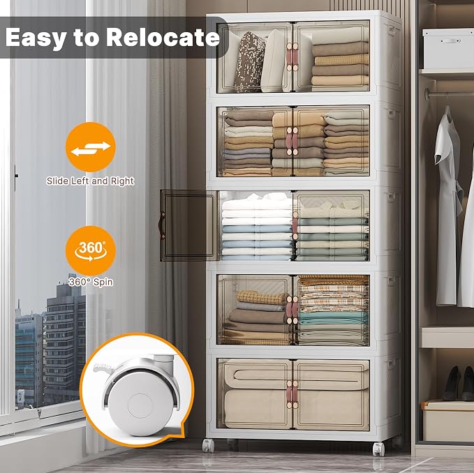 Stackable Storage Bins, 560QT Collapsible Drawers with 1 Lid | Large Capacity, Magnetic Door, Stack Lock, Rolling Wheels, Foldable Design, Organizers and Storage for Bedroom Dorm Garage