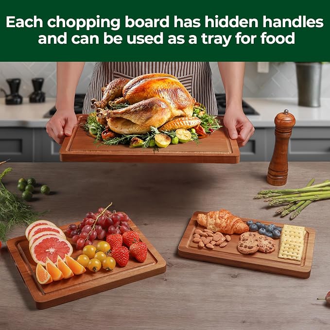 Wood Cutting Boards for Kitchen, Acacia Wooden Cutting Board Set, Charcuterie Board, Large Solid Chopping Board for Meat, Cheese, Fruit, Vegetables (set of 3)