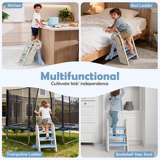 Onasti Toddler Step Stool with Handles, Adjustable Kids Stool Converts from 3-Step to 2-Step, Non-Slip and Anti-Tip Design for Safer Potty Training, Bathroom Sink and Kitchen Counter- Blue