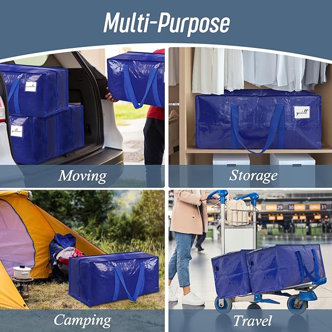 6 Pack Extra Heavy Duty Large Moving Bags with Strong Zipper, Blue | Comfortable Handles, Sturdy & Durable Clothes Storage Bags Totes Bins, Blue Packing Moving Boxes for College Supplies