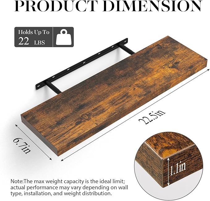 BAYKA Floating Shelves Set of 2, 22.5 inches Farmhouse Rustic Wood Wall Mounted Shelves for Bathroom, Bedroom, Living Room or Kitchen, Hanging Shelf Decor Book with 22lbs Capacity, Rustic Brown
