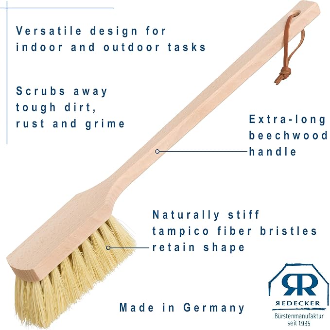 Redecker Wheel Brush, Extra-Long Handle, Beechwood and Durable Tampico Fiber, 17-3/4 inches, Made in Germany