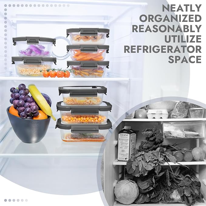 10-Pack Glass Food Storage Containers with Tempered Glass Lids – Borosilicate, Airtight, Oven-Safe (-4°F~950°F), BPA-Free, 4.4 & 1.6 Cup, Leak-Proof, Dishwasher Safe (Gray)