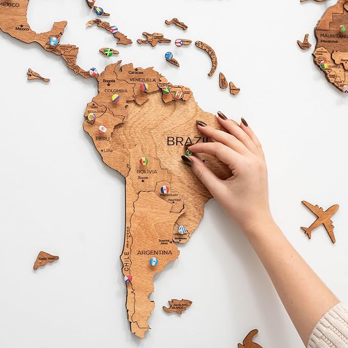 Enjoy The Wood 3D Wood World Map Wall Art Large Wood Wall Décor Housewarming Gift Idea Art World Travel Map For Home & Kitchen or Office (Large, Oak)