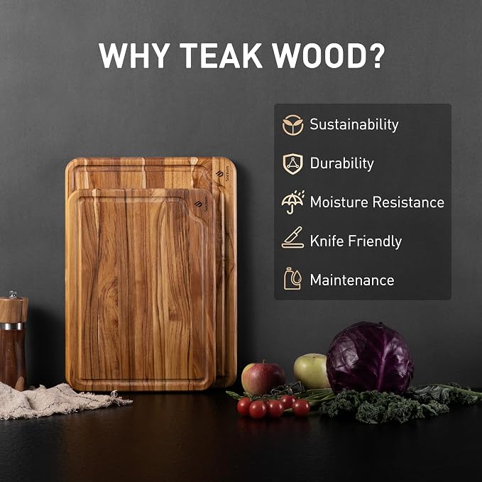 2 Pack Teak Cutting Boards for Kitchen Wood Wooden Cutting Board Non Slip | Non Toxic, Over Sink, NOT Bamboo Stainless Steel Titanium Acrylic Acacia Olive, Space-Saving, Kitchen Gift for Mom