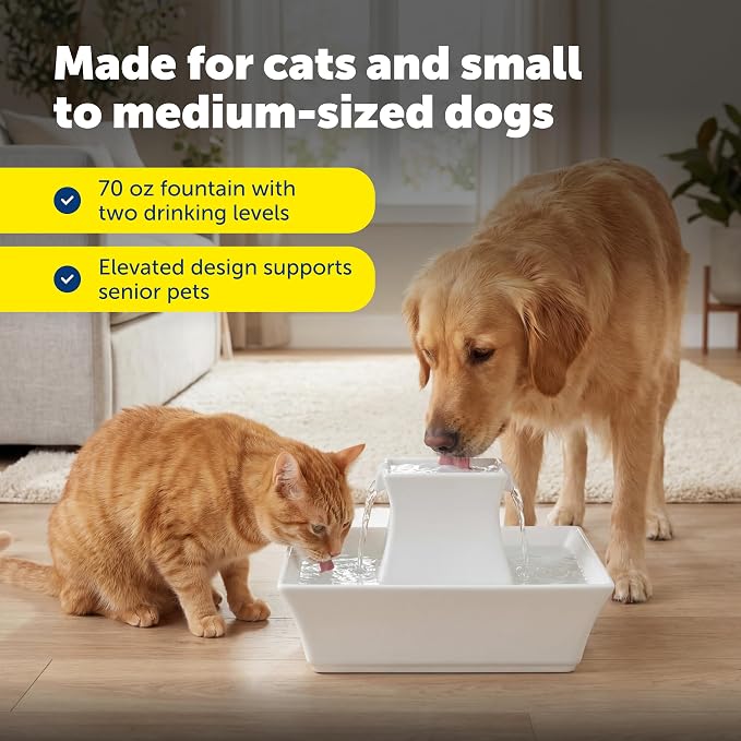 PetSafe Drinkwell Pagoda Fountain, 70 oz Ceramic, 12-Pk Filters Included | 2 Free-Falling Water Streams Encourage Hydration, Pet Water Fountain for Cats & Dogs, Includes 12 Carbon + 2 Foam Filters