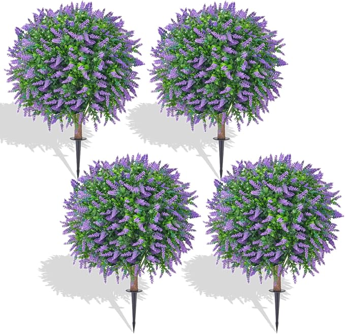 Artificial Lavender Ball Topiary Trees, 4 Pack | Ground Spike, No-Fade UV Resistant, Round Fake Plants, Outdoor Garden Yard Patio Decor