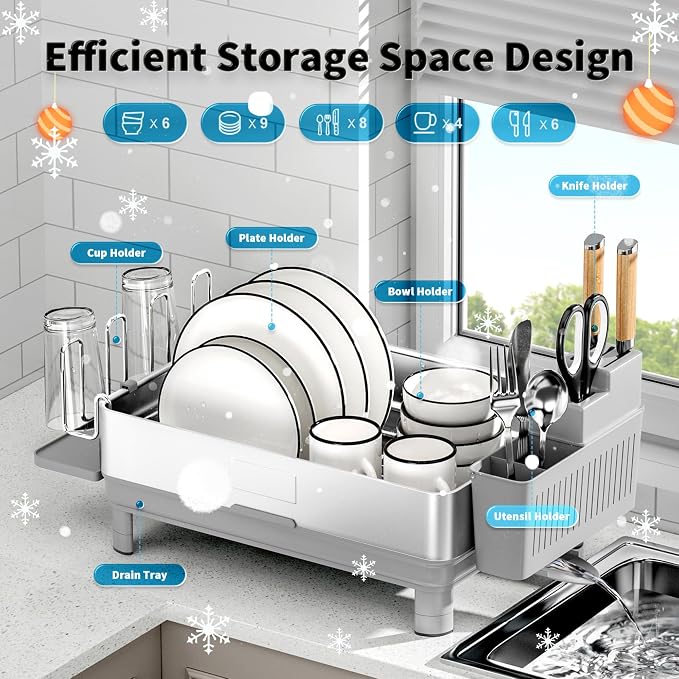 Dish Drying Rack, 304 Stainless Steel Dish Racks for Kitchen Counter | Dish Drainers with Automatic Drainage, Utensil Holder & Cups Holder, Space Saving Kitchen Organizer, Gray