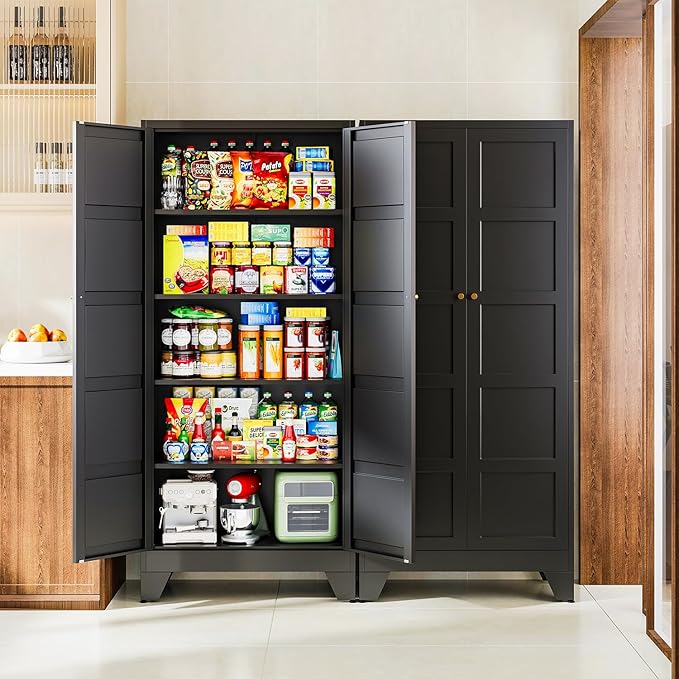 71" H Metal Storage Cabinet with 2 Doors and 4 Shelves,Tall Kitchen Pantry Cabinets,Utility Pantry Organizers for Cupboard/Dining/Bathroom/Home Office/Garage (Black, 71" H x 16" D x 32" W)