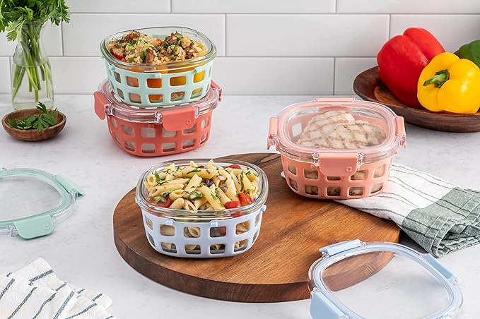 Ello Duraglass 3.4 Cup Round Glass Meal Prep Containers, 10 Pc, Melon | Glass meal prep set with silicone sleeves, leakproof BPA-free lids, microwave and oven safe, freezer and dishwasher safe