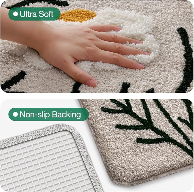 LUMI Bathroom Rugs Cute Daisy, Soft Absorbent Square Bath Mat Non-Slip, Machine Washable Quick Dry White Grey Luxury Rug Flower for Kids Room, Bathtub, Home Decor, 26"x26"