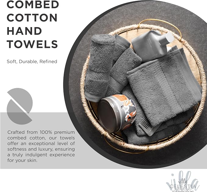 Villa Celestia Cotton Hand Towels Set of 2, 16 x 28, Oeko-TEX Certified, Quick Dry, Grey