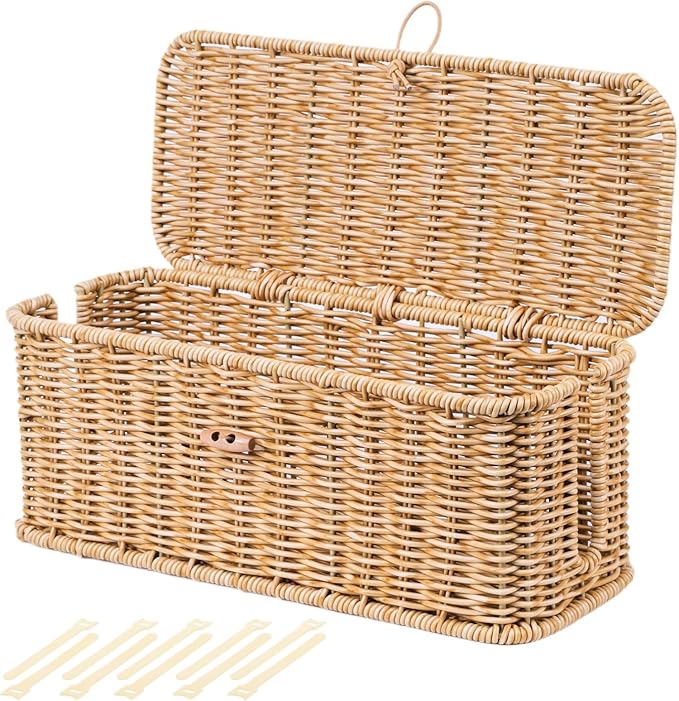 BROWNLILY Cable Management Box, Rattan Style Cord Organizer for Desk Cord Hider Outlet Covers for Power Strip TV PC Router Charger Under Desk Storage - Natural Small