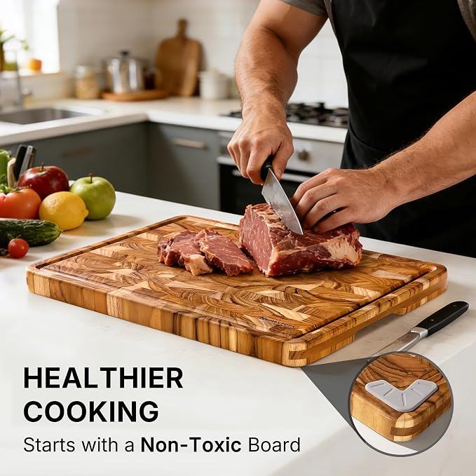 Teak Wood Extra Large End Grain Cutting Board for Kitchen with Non-slip Feet, Heavy Duty Checkered Cutting Board with Juice Groove & Handle Handcrafted Luxury Chopping Board for Meat, Vegetables