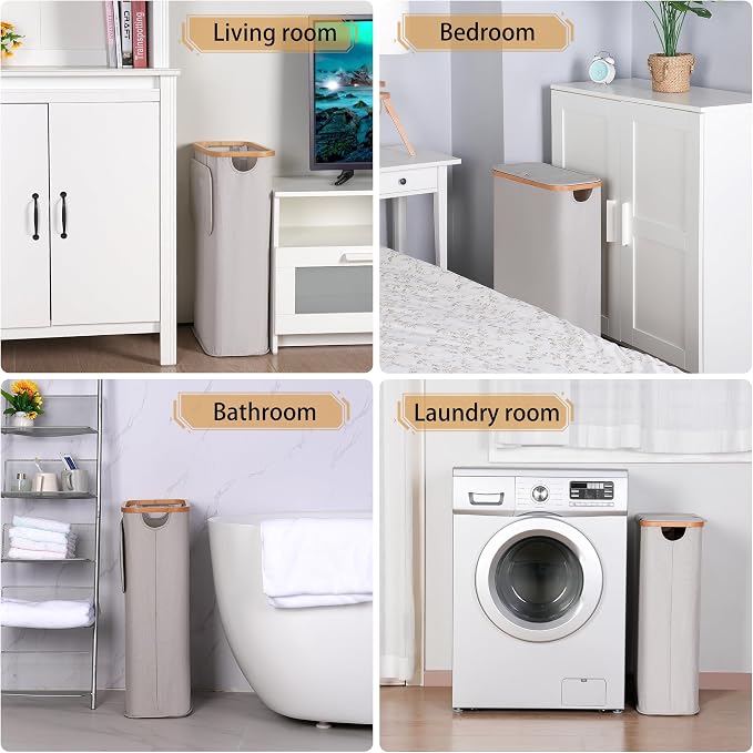 65L Slim Laundry Hamper, Narrow Laundry Basket with Lid,Foldable Clothes Hamper with Bamboo Handles,Hamper Basket with Removable Inner Bag for Laundry Room Bedroom College Dorm,17.17 Gals（Light Grey）