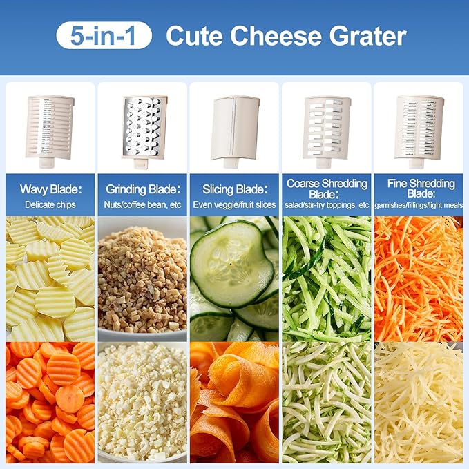 Kawu Electric Cheese Grater, 5-in-1 Salad Maker With Container, 10 Blades | Electric Vegetable Slicer For Home Kitchen, One-Touch Control, Food Processor Chopper Shredder for Block Cheese, Fruits