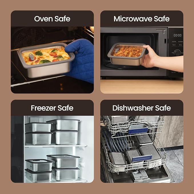 Stainless Steel Food Containers with Glass Lids, 4-Piece Airtight Food Storage Set, Rectangular, Stackable, Microwave and Dishwasher Safe, 44, 54, 78 and 88 oz, Silver Gray
