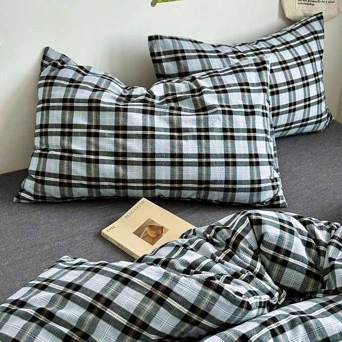 mixinni Vintage Grey & Pale Blue Buffalo Plaid Duvet Cover Set King Size - 3 Piece Washed Cotton Bedding Set with Grid Pattern, Soft & Breathable Duvet Cover with Pillowcases for Boys, Men& Women