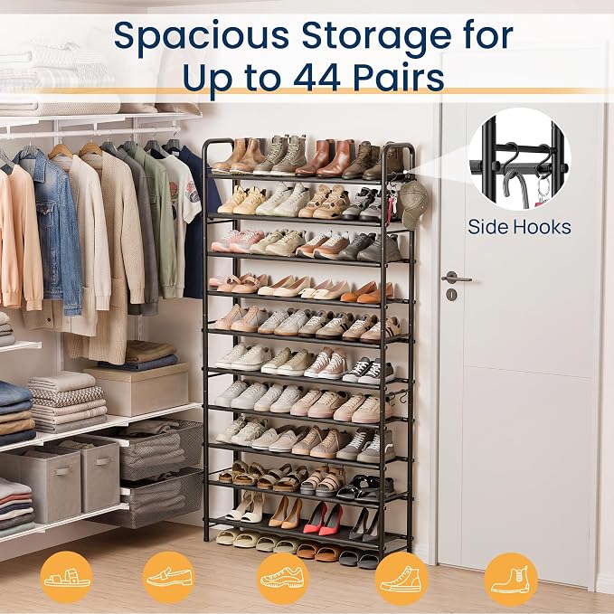 ENJOYBASICS 10 Tier Shoe Rack Garage Storage, Tall Metal Shoes Shelf, Black | Free Standing Shoe Holder for 44 Pairs, Sturdy Heavy Duty Shoe Organizer for Walk-in Closet, Guest Room, Garage, Entryway