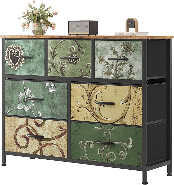 Sweetcrispy 7 Drawer Dresser, Fabric Storage Tower Organizer for Bedroom, Closet, Hallway, Entryway, Tall Chest of Drawers with Steel Frame, Wood Top, Large Storage, Floral Painted