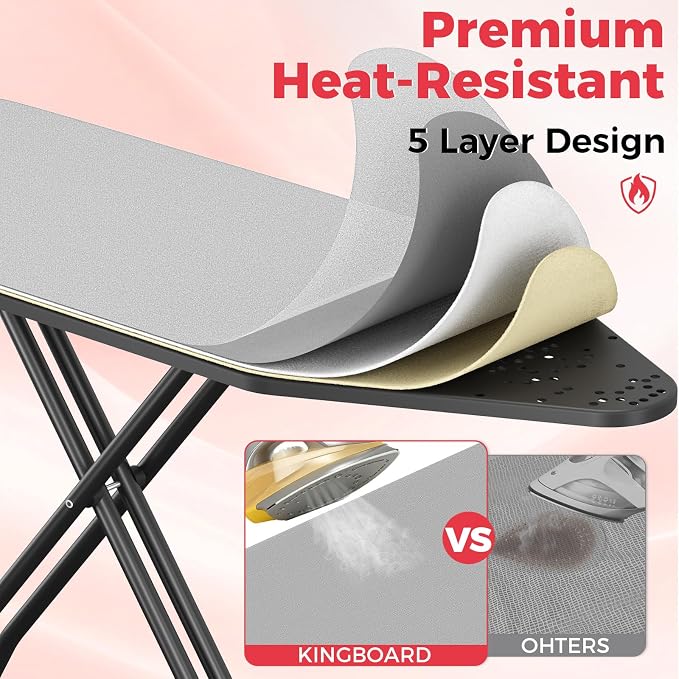 KINGBOARD Extra Wide Ironing Board, 18x47 Full Size Ironing Board with Silicon Iron Mat, Large Stand with 7 Adjustable Heights, Heavy Duty Iron Board with Heat Resistant Cover, Grey