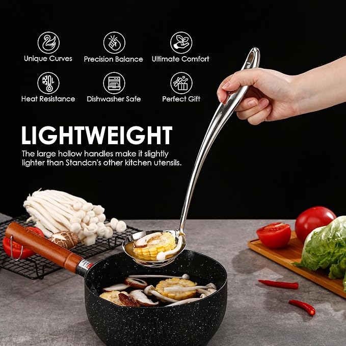 304 Stainless Steel Kitchen Utensil Set - 9 PCS Serving Utensils, Cooking Utensil, Solid Spoon, Slotted Spoon, Fork, Spatula, Ladle, Skimmer Spoon, Slotted Spatula Tunner, Spaghetti Spoon, Large Spoon | All Metal Spatula Spoon Set - Turner, Ladle, Skim...