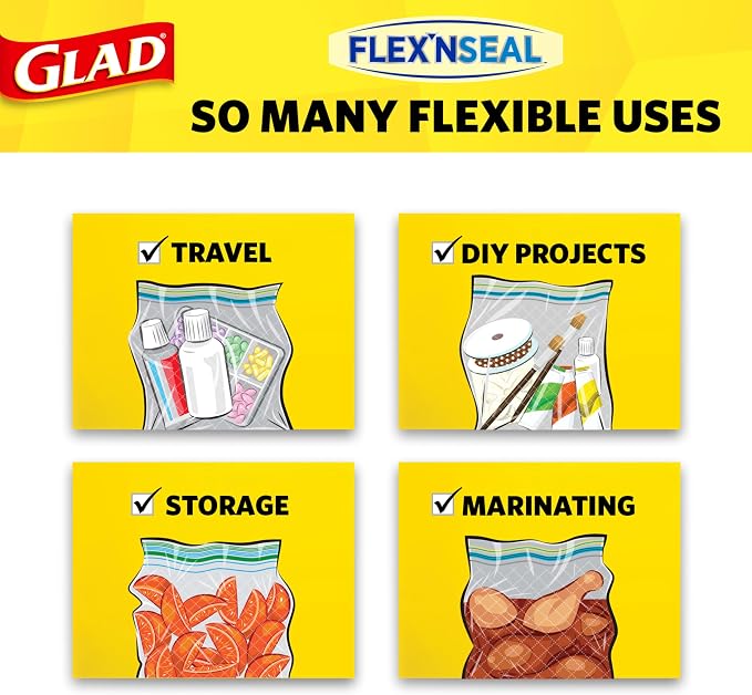 Glad Flex'N Seal Food Storage Plastic Bags, Quart, 38 Count (Package May Vary)