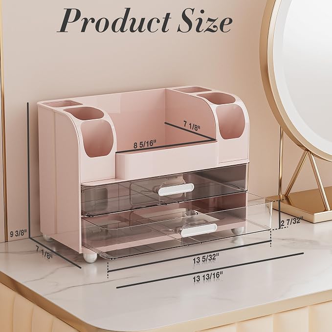 Delamu Large Makeup Organizer Countertop with 6 Brush Holders, Makeup Organizers for Vanity with 2 Large Drawers, Easy to Store Skincare, Lipsticks, Nail Polishes, Perfumes, Eyeshadow Palettes, Pink