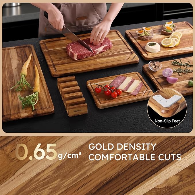 5 Pack Teak Wood Cutting Board Set with Holder Non Slip Over Sink Wooden Chopping Board for Fresh Meat Vegetable Thick Haus Perfect for Charcuterie Juice Groove Bread Boards for Kitchen