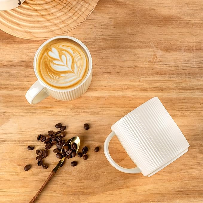 theterra Ceramic Coffee Mugs Set of 6, 14.2oz Handmade Coffee Cups with Handle for Latte, Tea, Milk, Beer, Hot Cocoa, Beige