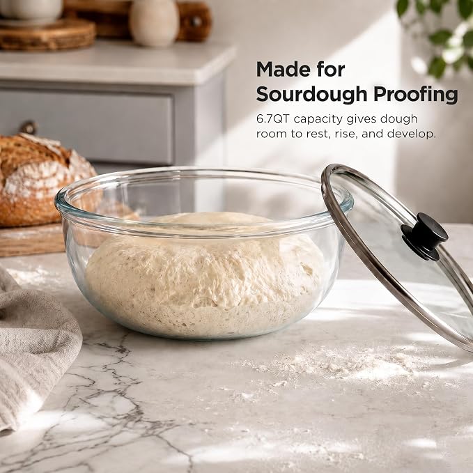 6.7 QT Sourdough Proofing Bowl with Glass Lid, Large Borosilicate Glass Bowl for Bread Dough Rising, Clear Mixing Bowl for Sourdough Bread Making, Baking, Salad and Food Prep