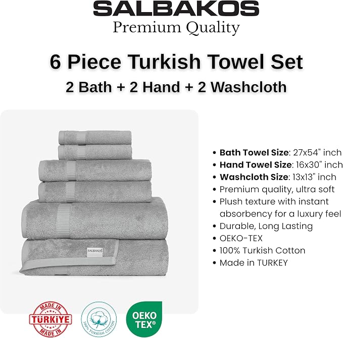 SALBAKOS 100% Turkish Cotton Bathroom Towel Set of 6-Piece, Silver | 630 Gsm Thick Super Soft Highly Absorbent 2 Bath + 2 Hand + 2 Washcloth Towels Sets, Giftable, Hotel Quality, Made in Turkey