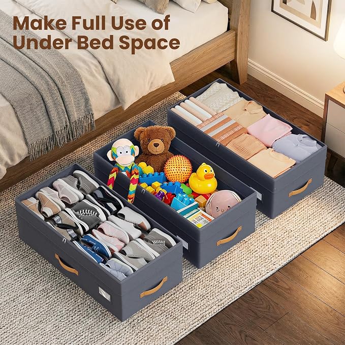 80L 2 Pack Adjustable Under Bed Storage Containers with Wheels | Rolling shoe storage organizer with clear lids and label for dorm home clothes, blankets, toys, easy to install, grey