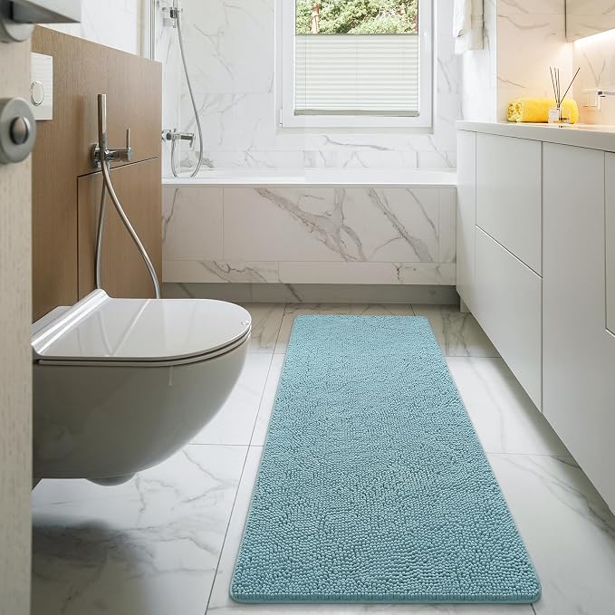 LOCHAS Luxury Bathroom Rug Shaggy Bath Mat 24 x 60 Inch, Spa Blue | Washable Non Slip Bath Rugs for Bathroom Shower, Soft Plush Chenille Absorbent Carpets