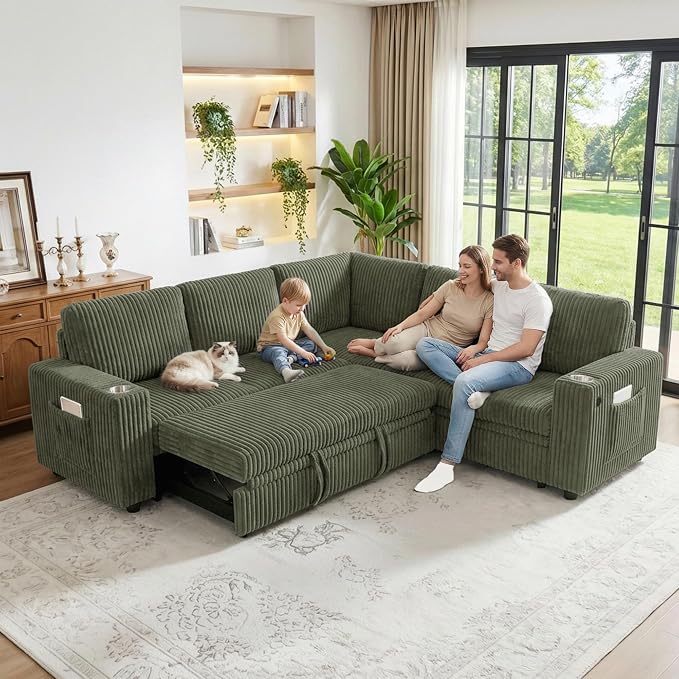 L Shaped Sectional Sleeper Sofa, Pull Out Couch with Storage, Green | Pull Out Bed, 5 Seat Modular Design, Soft Corduroy Fabric, USB Charging, Cup Holders, Removable Covers, Easy Assembly