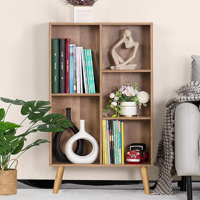LEYAOYAO 5 Cube Bookshelf, Mid-Century Modern Book Shelf with Legs, Oak | 3 Tier Bookcase, Rustic Wood Bookshelves Freestanding Small Storage Organizer, Open Shelves for Bedroom, Living Room, Office