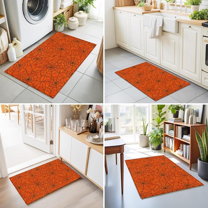 Entryway Area Rug 2'x3', Orange Halloween Washable Small Area Rugs for Kitchen Bathroom Bedroom Office Laundry, Black Spiders Net Classic Gingham Non Slip Door Mat Indoor Entrance Floor Throw Carpet