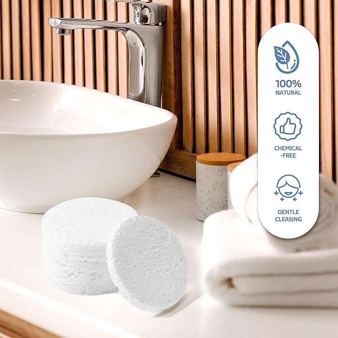 50-Count Compressed Facial Sponge, GAINWELL White Cellulose 100% Natural Cosmetic Spa Sponges for Facial Cleansing, Exfoliating Mask, Makeup Removal