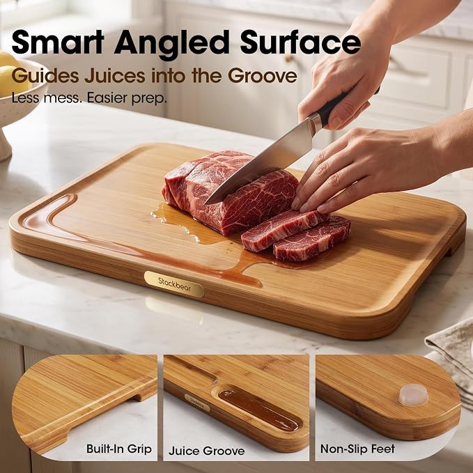 FSC-Certified Deep-Carbonized Bamboo Cutting Board for Kitchen with Wood Stand